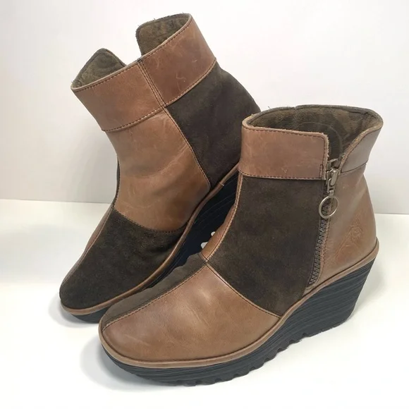 Fly London Yime Two-Tone Brown and Tan Patchwork Wedge Boots Size 39EU/8.5US - Picture 15 of 15